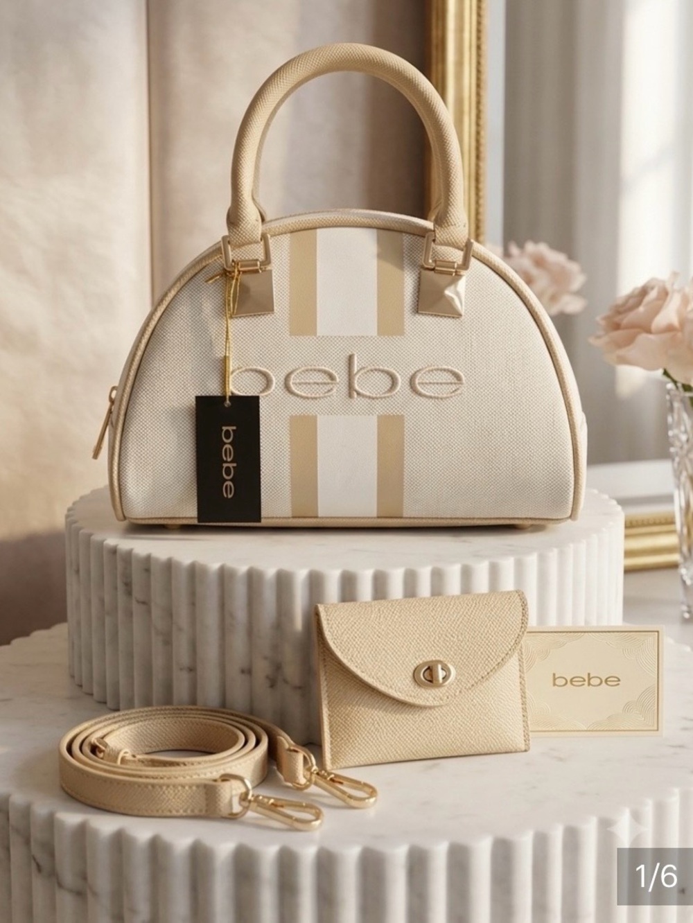 bebe Cream and Gold Dome Satchel with Striped Detail(NWT)